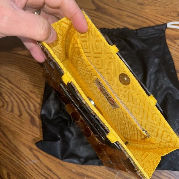 Tortoiseshell and silk Handbag Purse Clutch 10.5" x 6.5" Twisted Orchid VTG - Picture 5 of 8